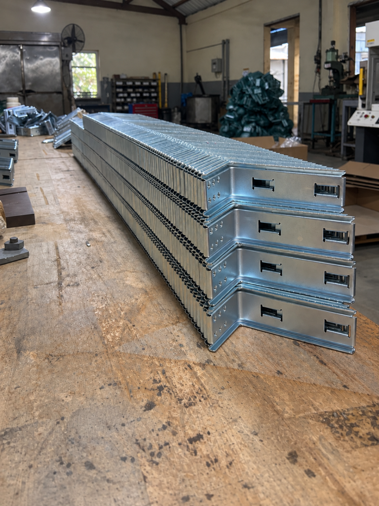 Rows of silver-finished stamped metal components stacked on a workbench at Truc Lam's workshop.
