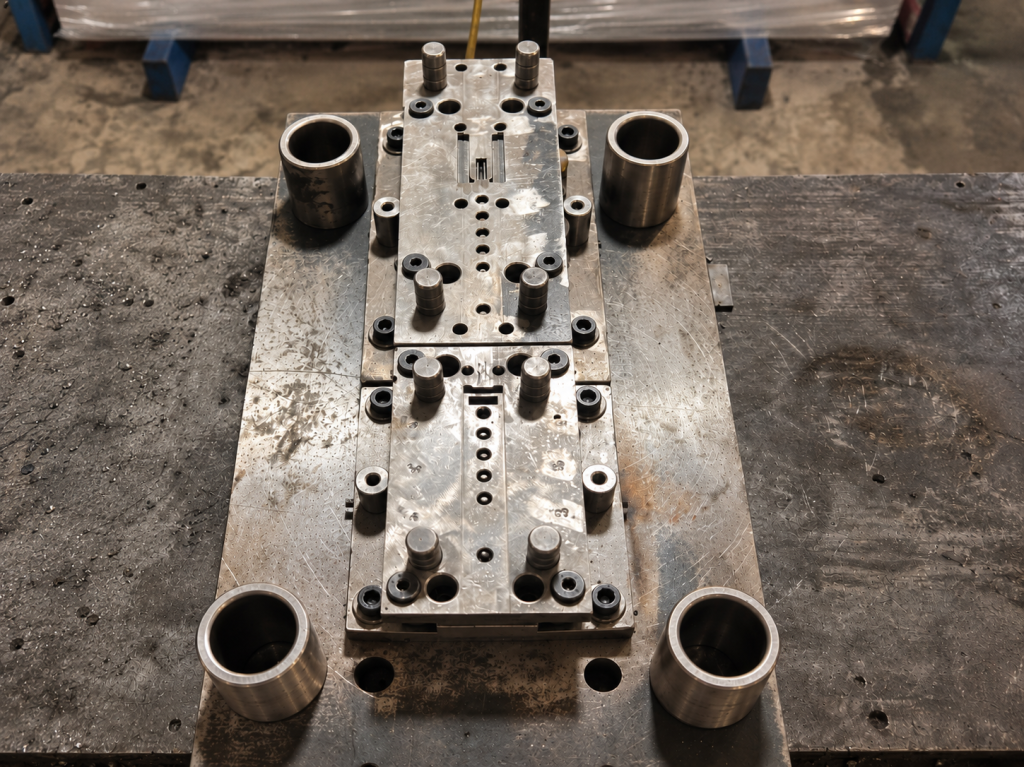 Metal stamping die tooling at Truc Lam's manufacturing workshop in Vietnam.